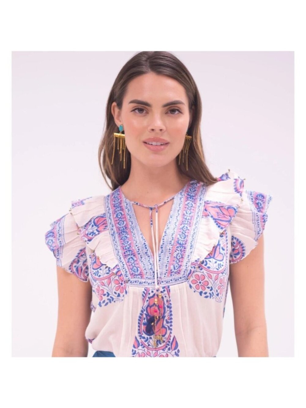 Alicia Bell Silk Cotton Blend Blouse with Embellished Ties XS Pink Blue